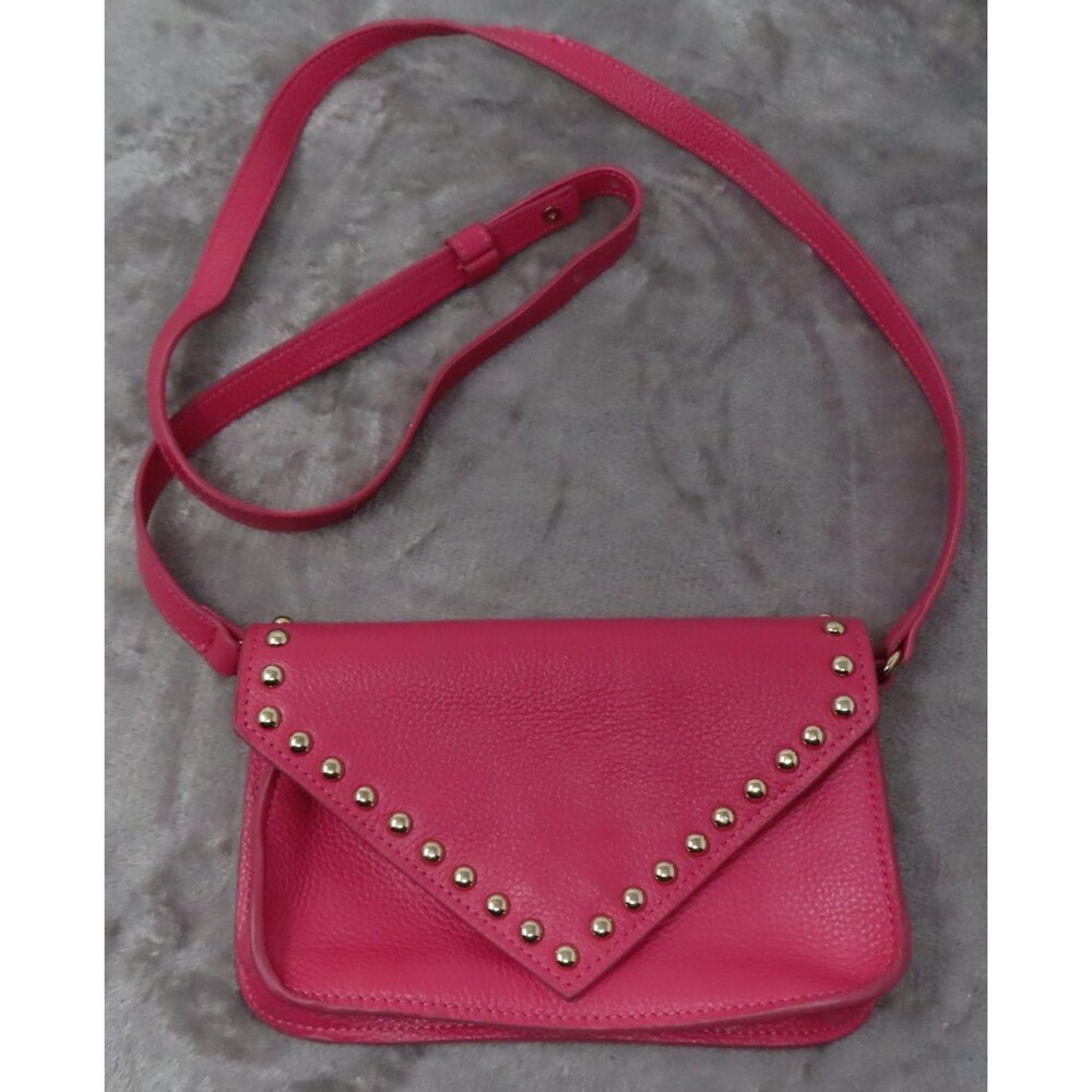 BTB Los Angeles Hot Pink Rocker Biker Styling Leather Gold Studded Crossbody Bag - Picture 1 of 16